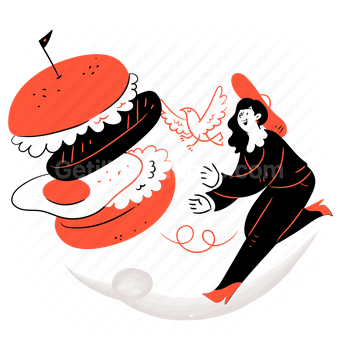 fast food, burger, hamburger, junk food, egg, woman, bird